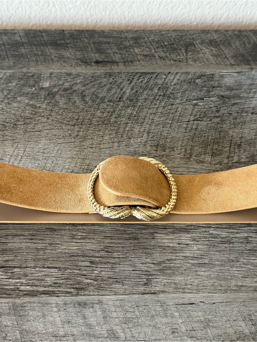 Sezane Gold Suede Waist Belt with Braided Gold Buckle, size: 90 (Fr), M (US)